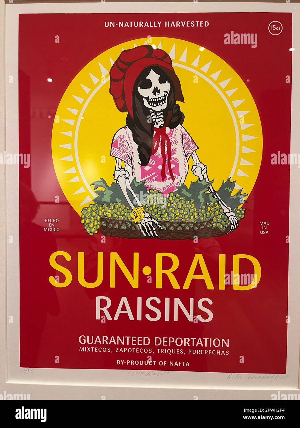 Sun Raid, Ester Hernandez, 2008. Twenty-six years after her original, Hernandez reimagines her classic 'Sun Mad' poster as a condemnation of U.S. Immigration and Customs Enforcement. In addition to changing the title from 'Sun Mad' to 'Sun Raid,' she outfits the calavera (skeleton) with an ICE wrist monitor and a huipil, a traditional indigenous garment. This latter reference suggests how indigenous people from Mexico and Central America represent a segment of undocumented immigrants in the U.S. Hernandez issued this print at a time when the George W. Bush administration was being widely criti Stock Photo