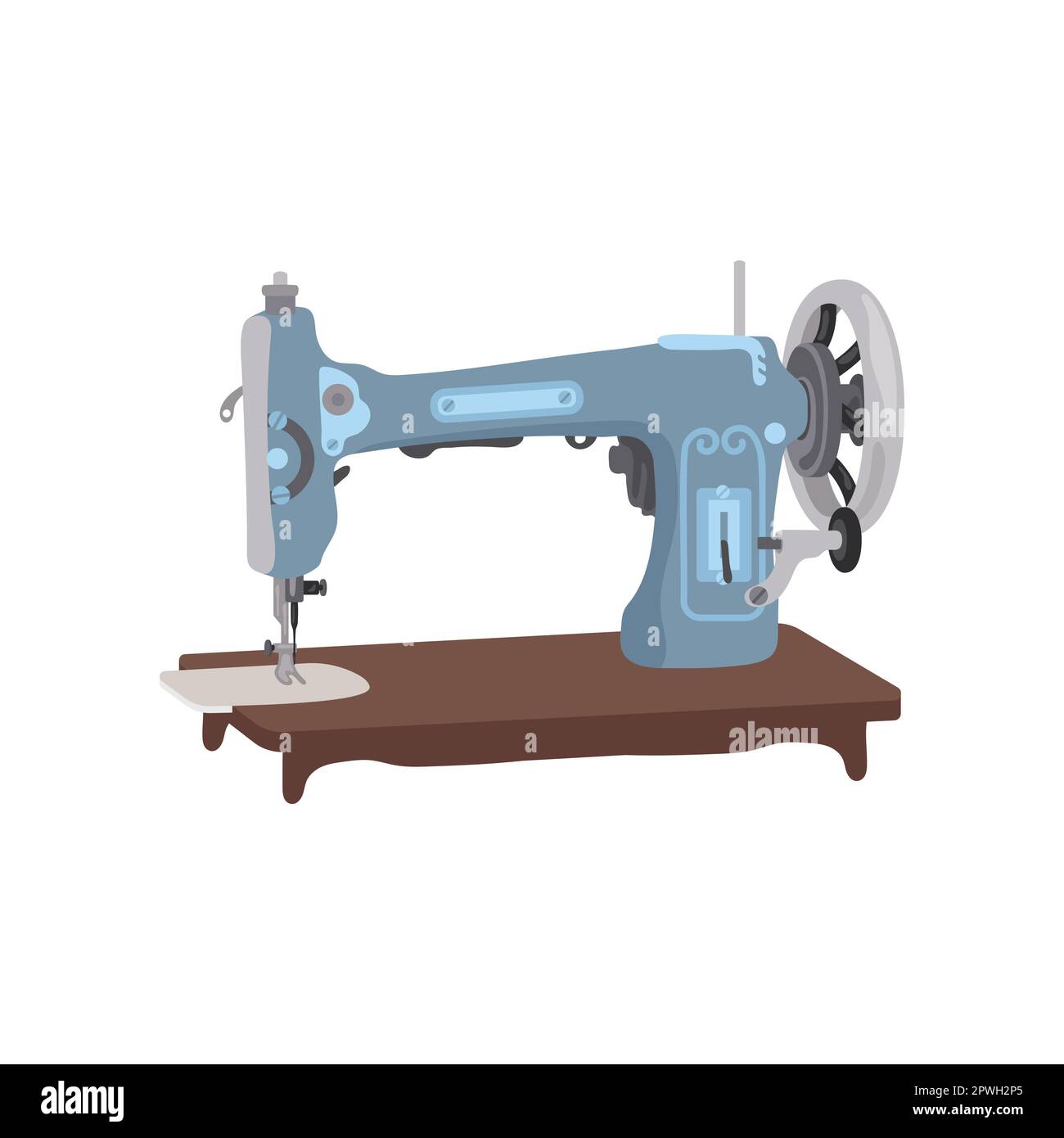Blue oldfashioned sewing machine with wheel vector illustration Stock