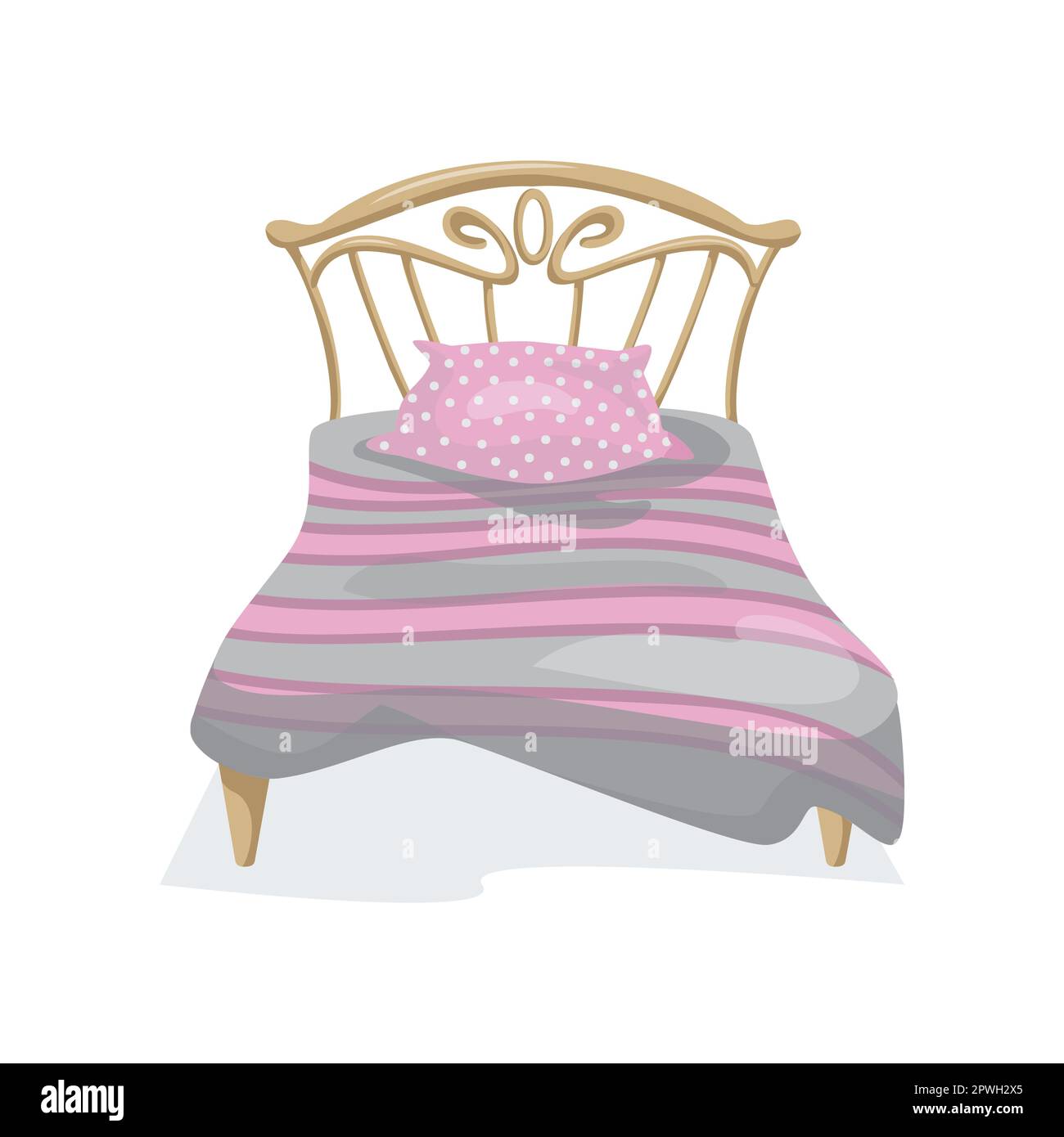 Single bed with decorated headboard cartoon vector illustration Stock