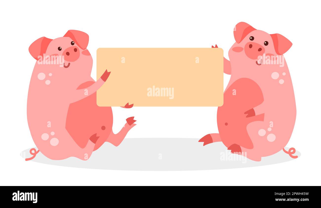 Cute comic pigs with empty banner vector illustration Stock Vector