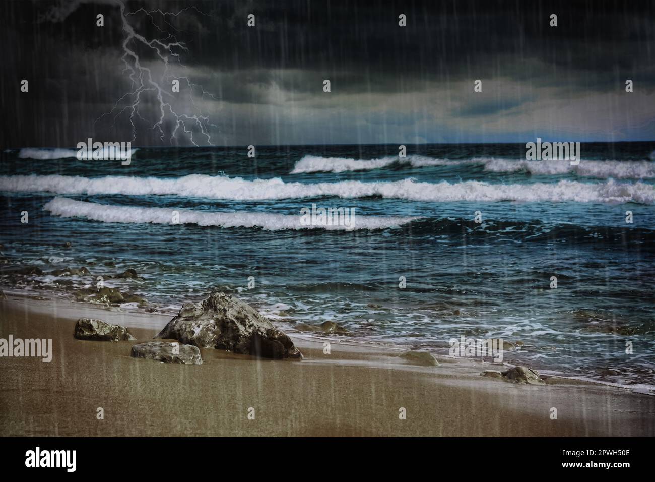 Dark cloudy sky with lightnings and rain over beach and sea ...