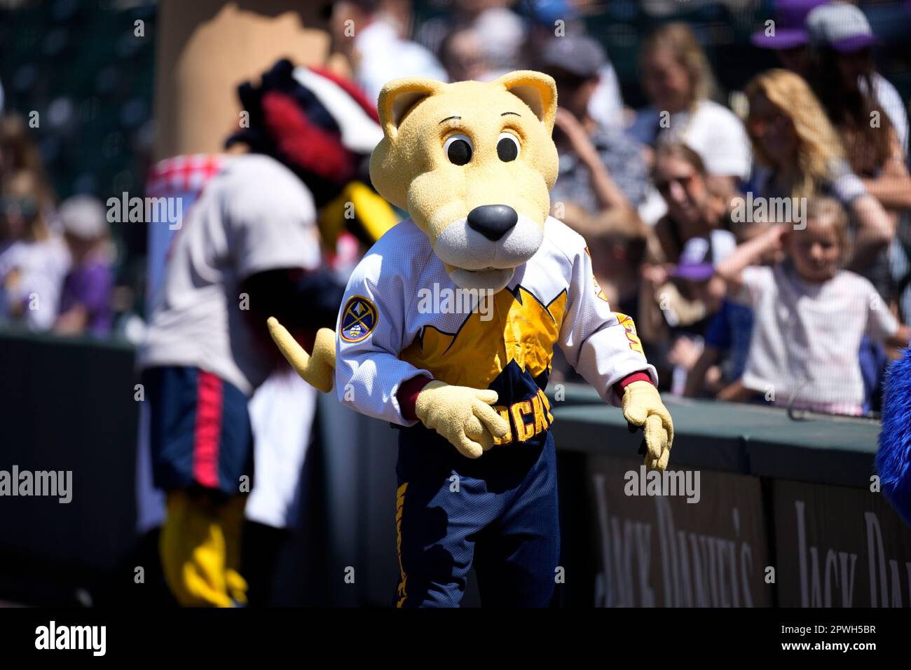 Denver Nuggets mascot Rocky the mountain lion in the first inning of a