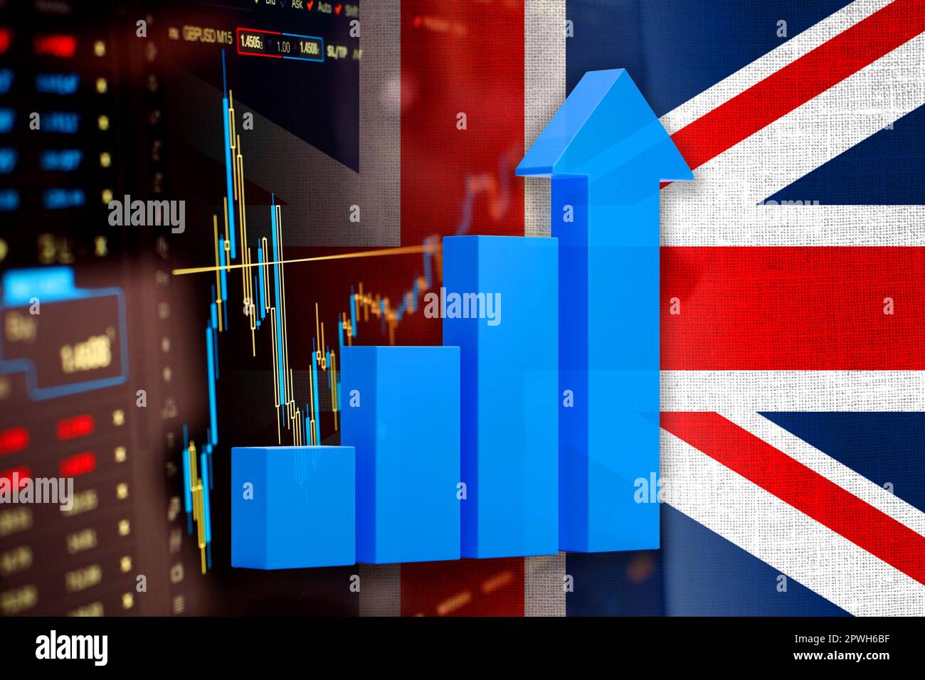 Economy chart up arrow, UK flag and stock market indicators (economy