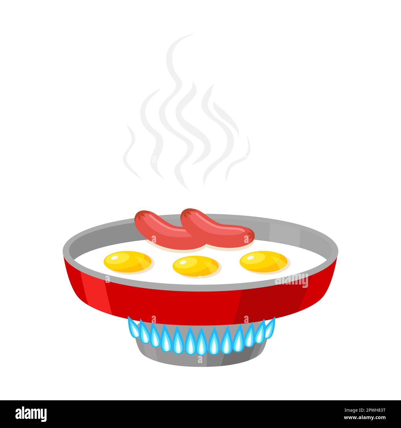 Cooking pan with fried eggs and sausages on gas stove cartoon illustration. Boiling water in