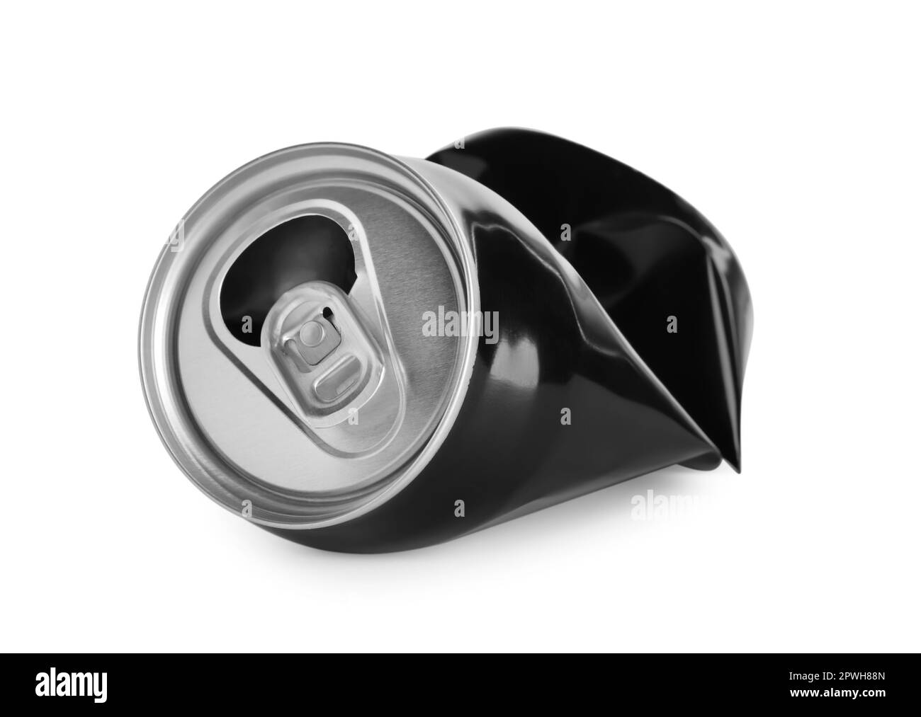 Black crumpled can with ring isolated on white Stock Photo
