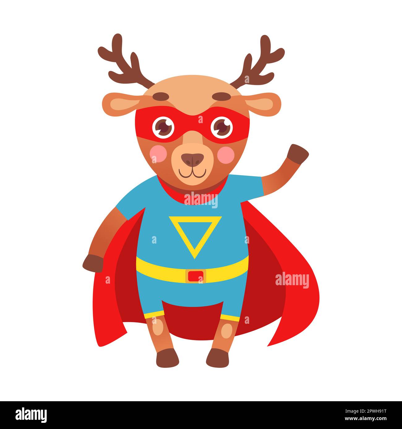 Hero forest deer, animal character cartoon illustration. Funny little superhero in cape and mask on white background Stock Vector