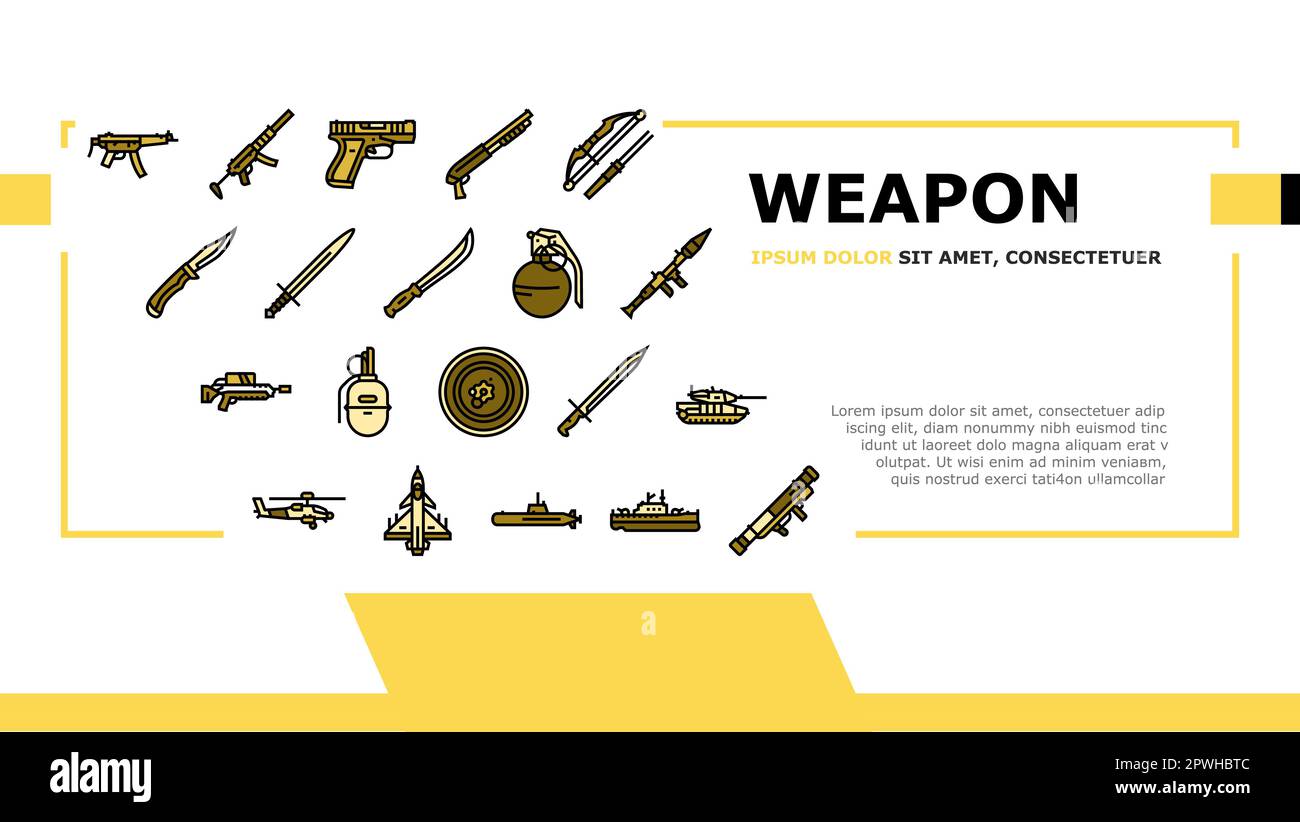 weapon war gun military army landing web page vector. game knife, magic