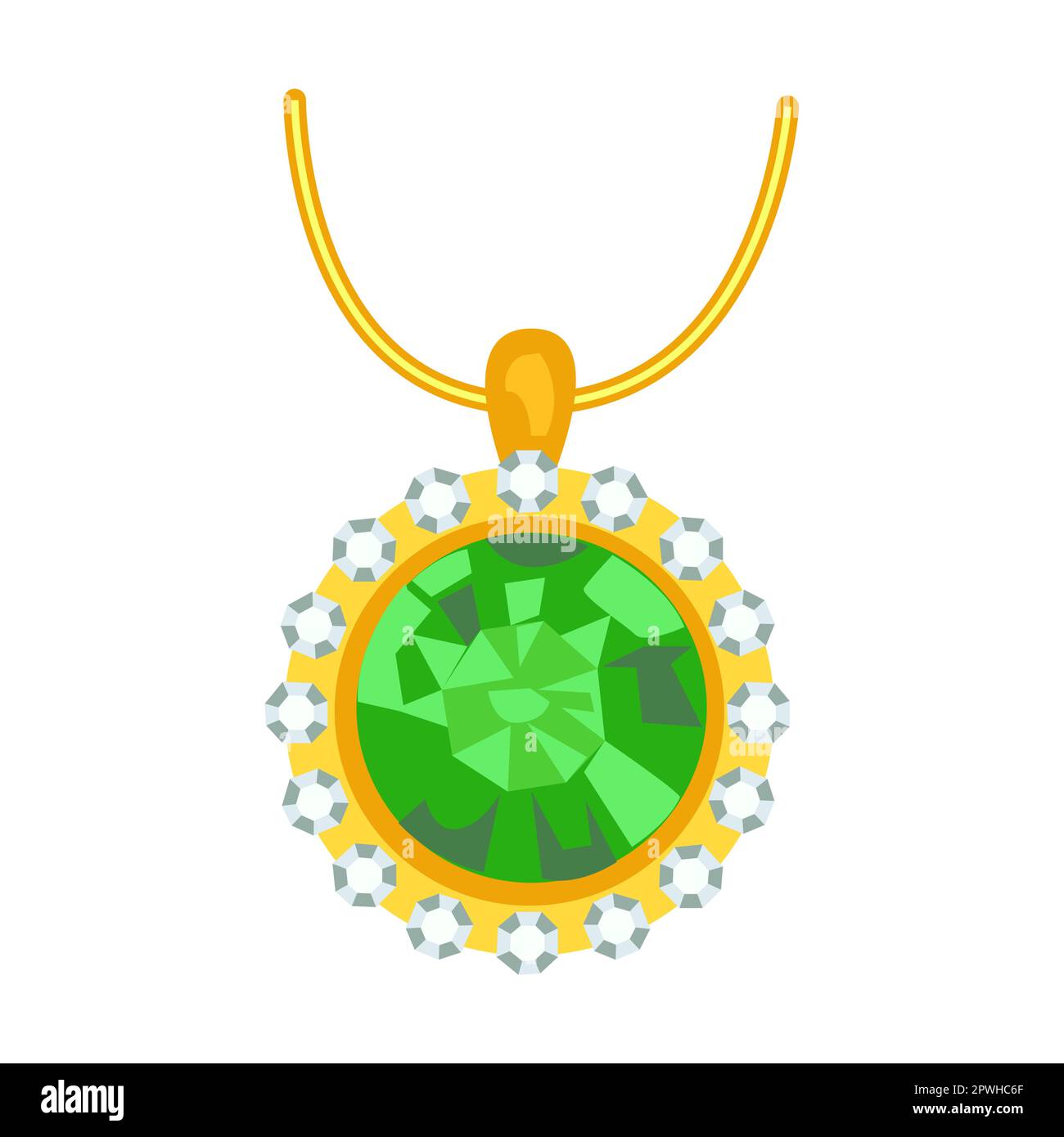 Pendant with large emerald. Cartoon gold jewelry. Vector illustration