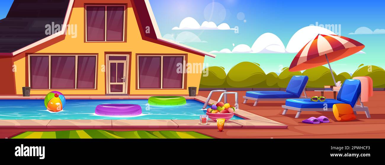 Swimming pool on house summer backyard cartoon illustration. Poolside ...