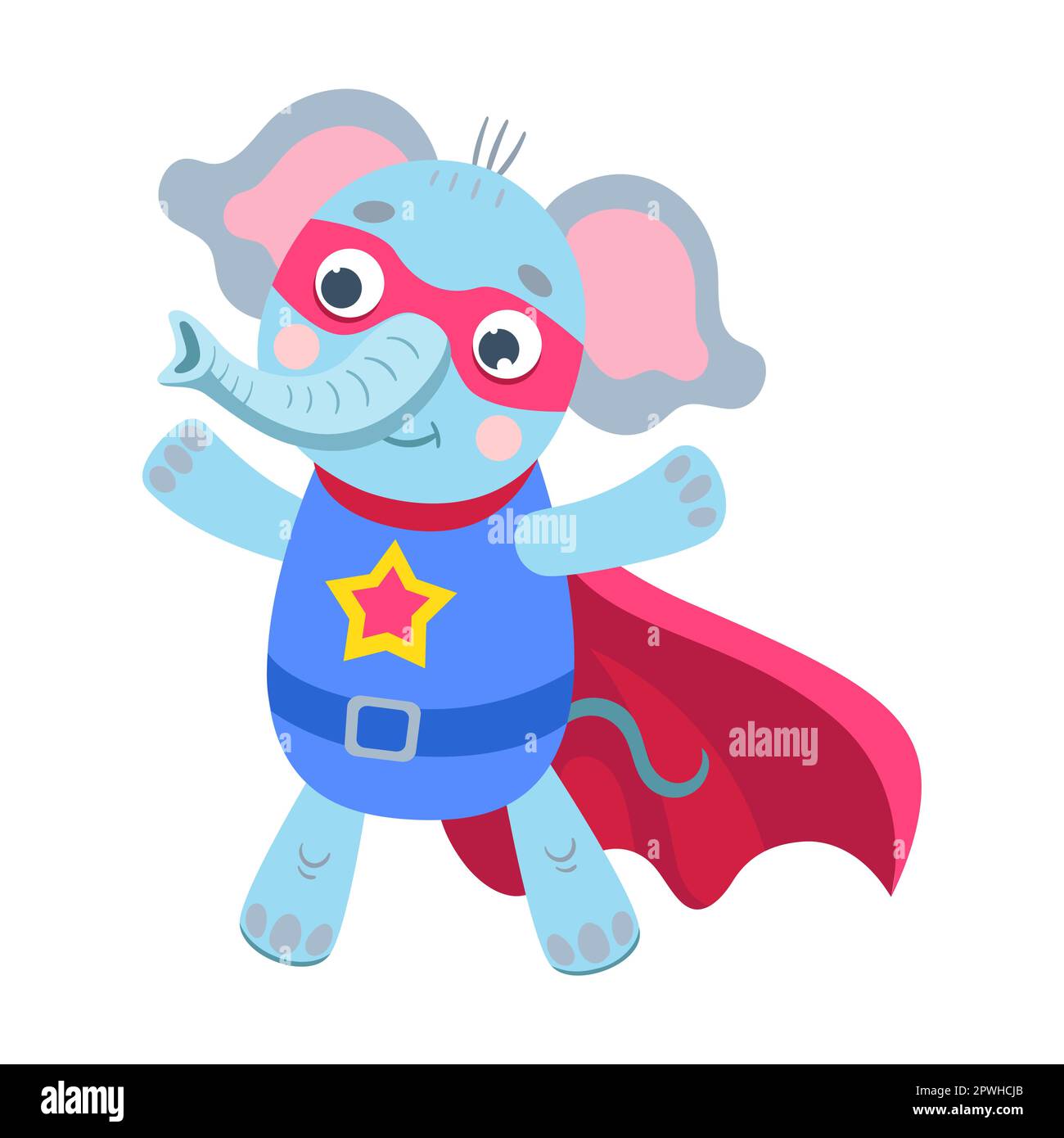 Hero elephant, animal character cartoon illustration. Funny little superhero in cape and mask on white background Stock Vector