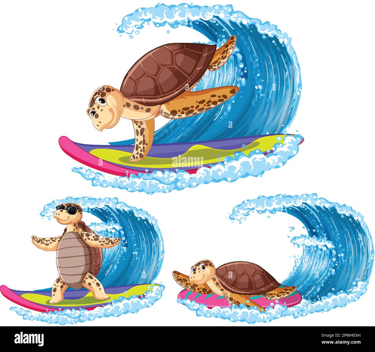 Sea Turtle Cartoon Characters in Summer Theme illustration Stock Vector