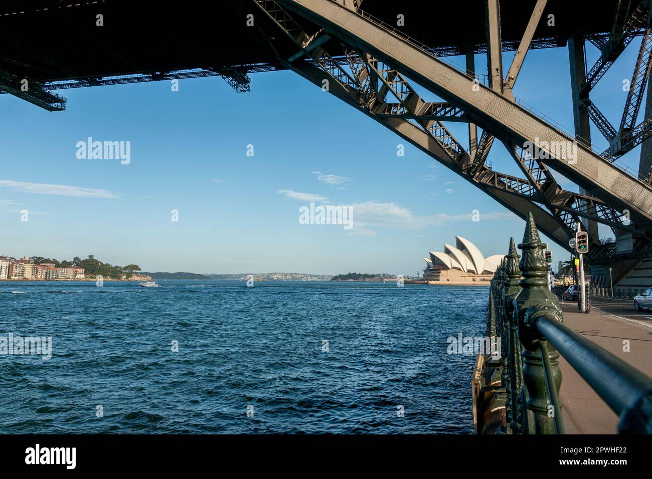 Structural steel of Sydney Harbour Bridge with waterfront wrought iron ...