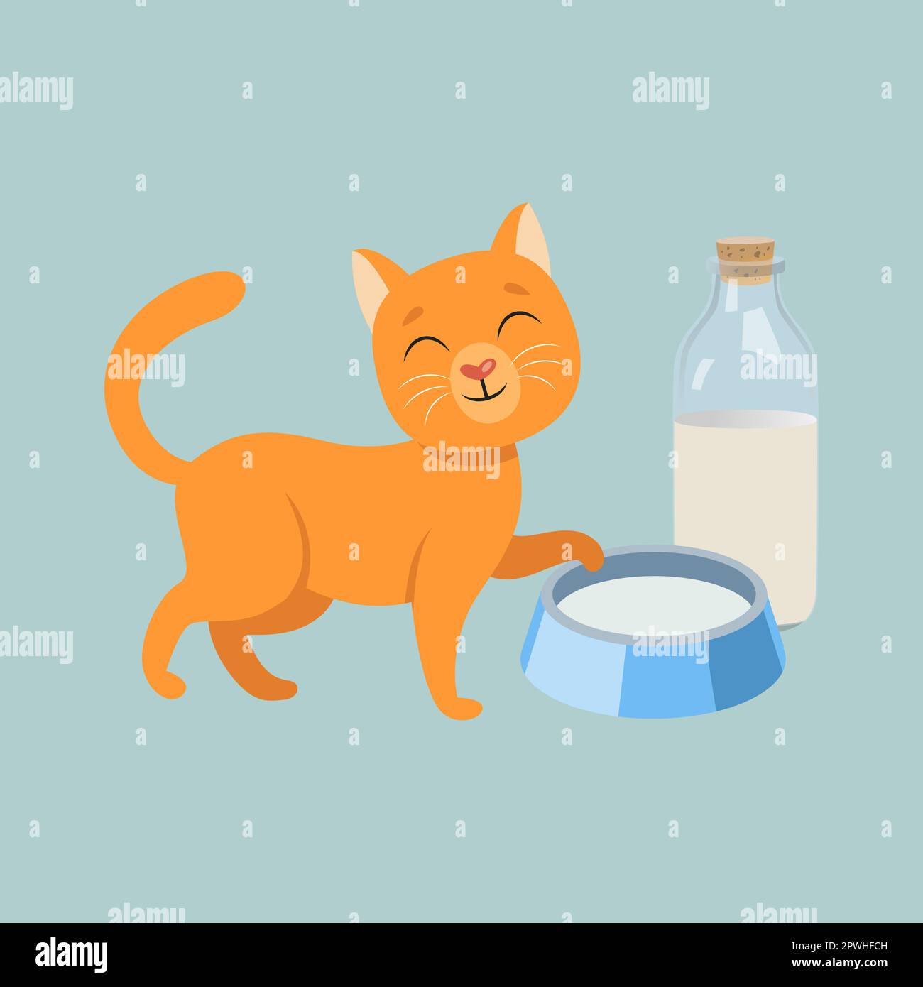 Cute orange cat cartoon character with milk vector illustration Stock