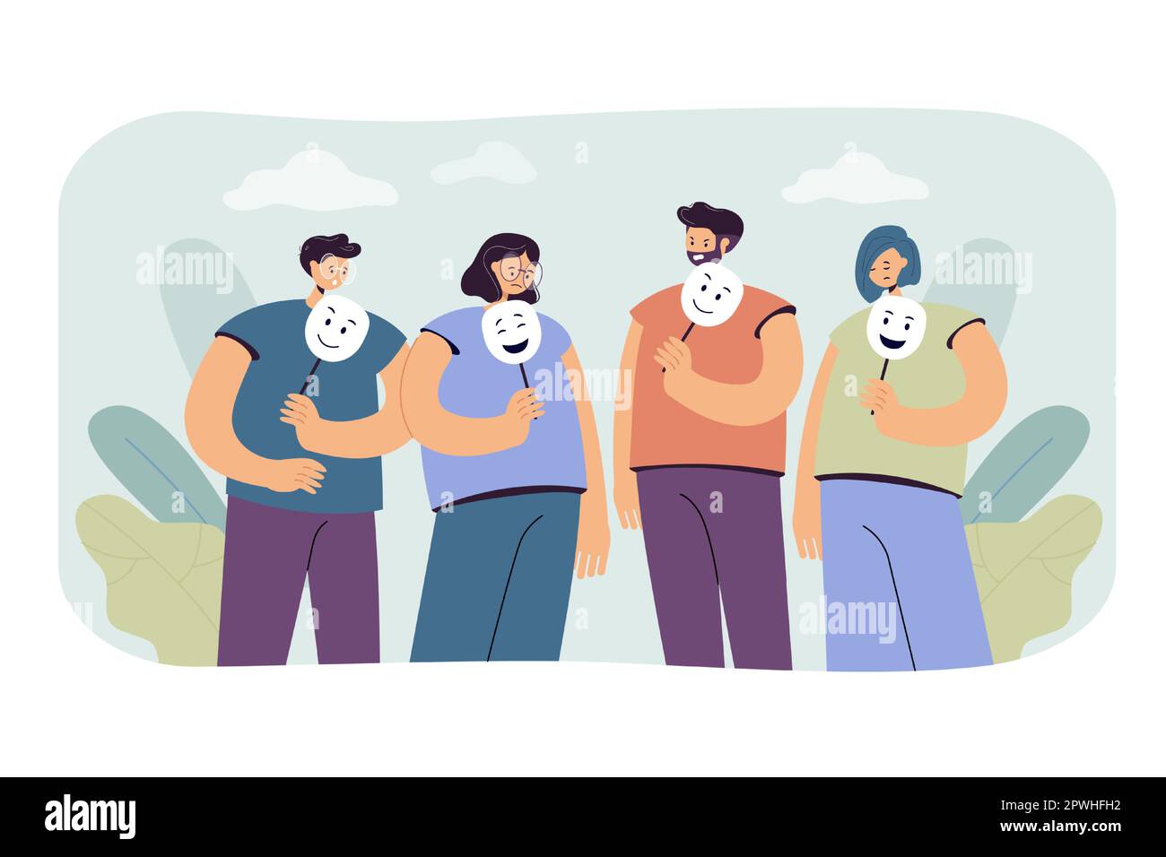 Depressed and angry people holding masks with happy faces Stock Vector