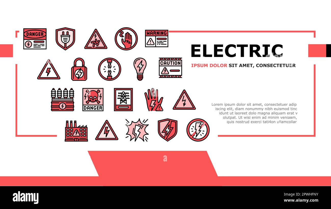 electric danger shock power landing web page vector. voltage hazard, safety energy, warning high