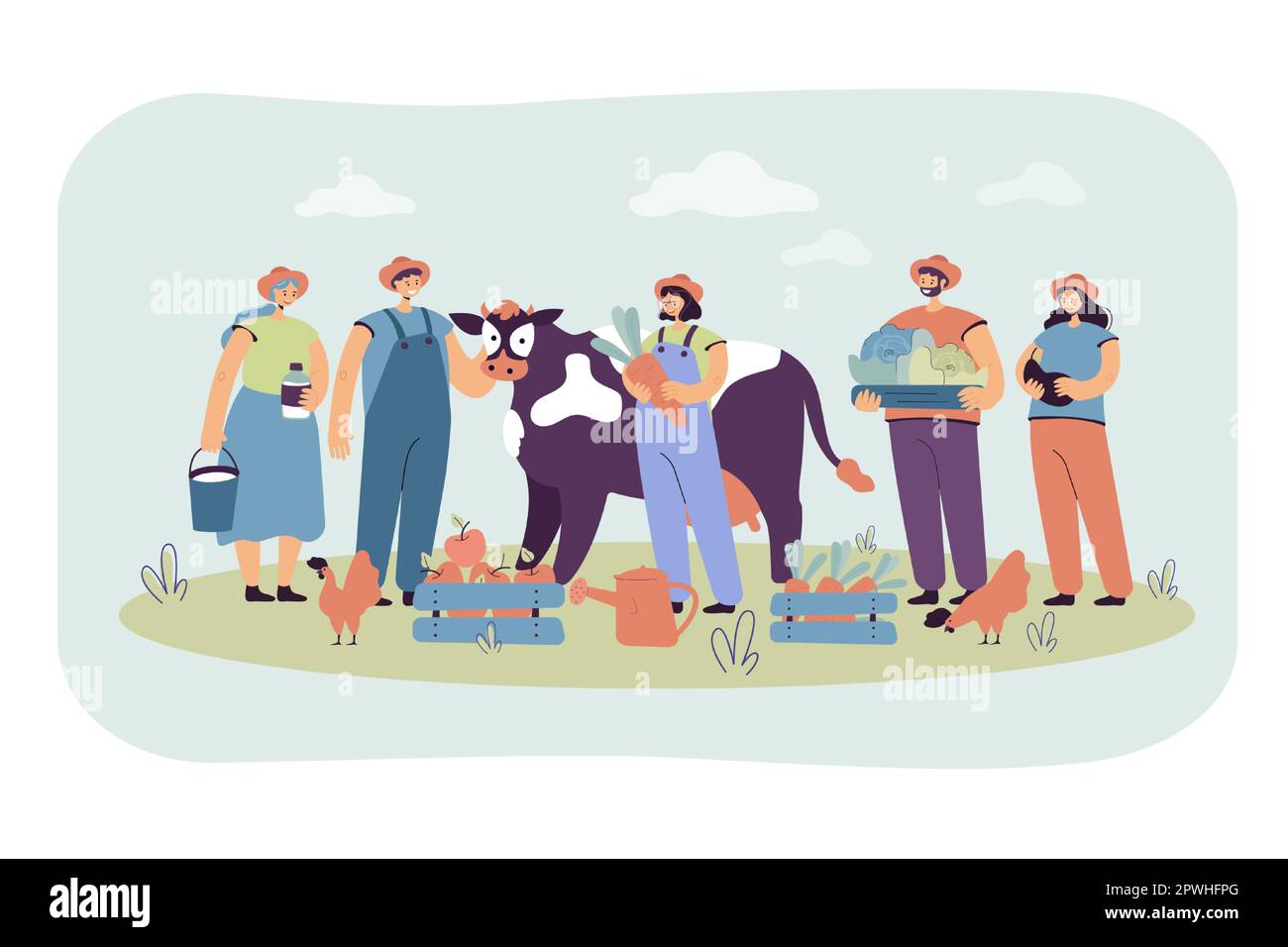 Group happy farmers keeping cow and poultry Stock Vector