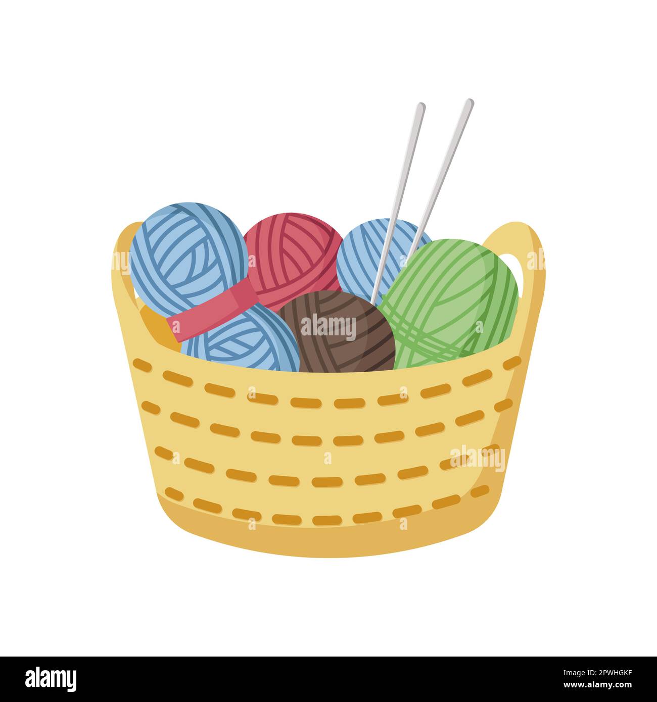 Basket with balls of yarn and needles cartoon illustration Stock Vector ...