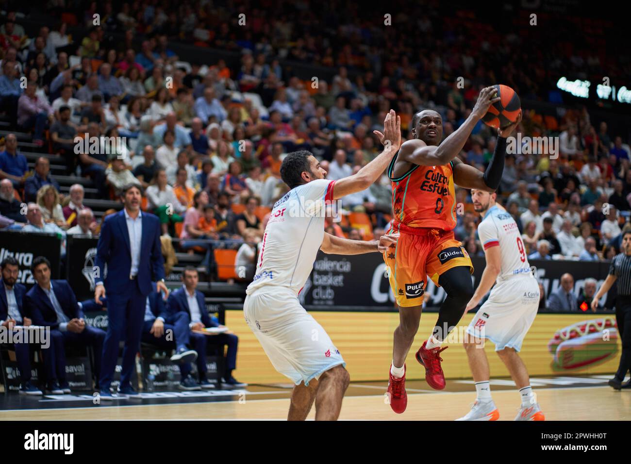 Valencia, Spain. 29th Apr, 2023. Jared Harper (No.0) of Valencia basket in action during the Endesa League Regular Season Round 30 between Valencia and Monbus Obradoiro at Fuente de San Luis Sport Hall. Valencia Basket 87:78 Monbus Obradoiro (Photo by Vicente Vidal Fernandez/SOPA Images/Sipa USA) Credit: Sipa USA/Alamy Live News Stock Photo