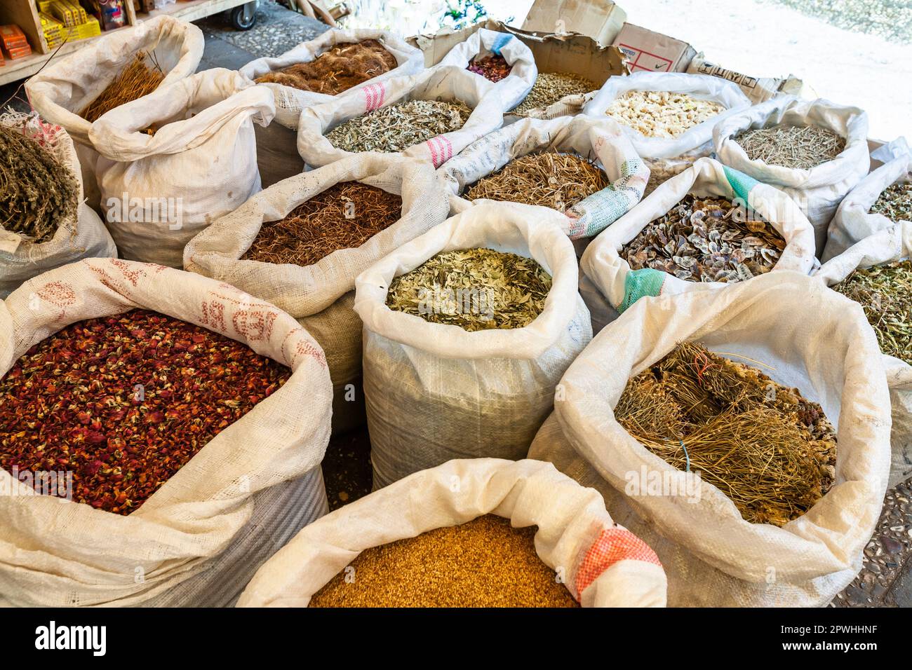 Local spices shop at small market in ancient Tyre island area, tip of