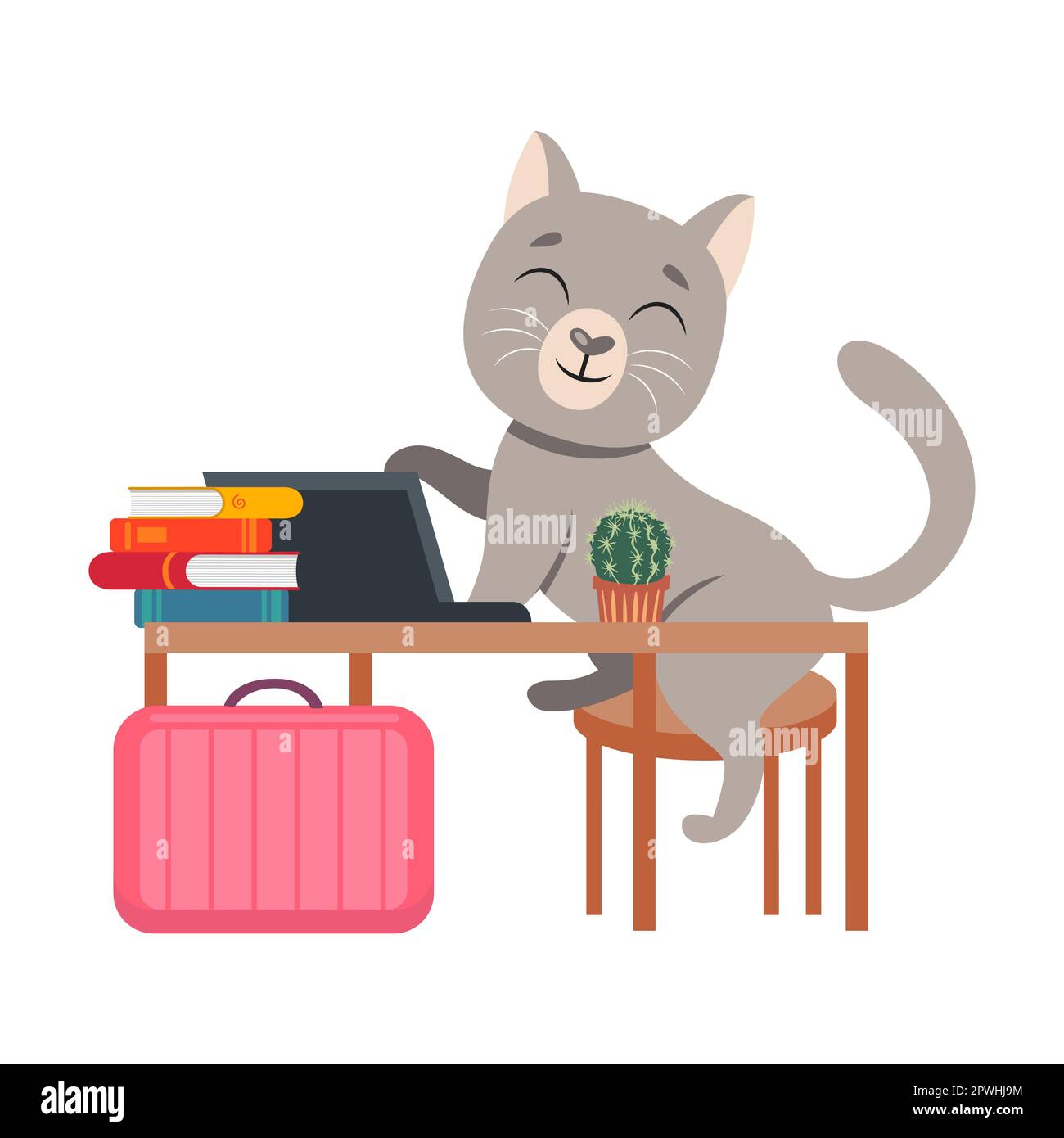 Kitten at the study desk. Cute animal character studying cartoon illustration isolated on white background. Education, school concept Stock Vector