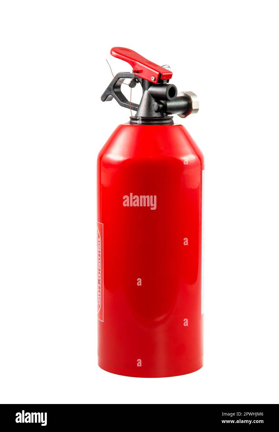 Red plombed portable fire extinguisher isolated on white Stock Photo
