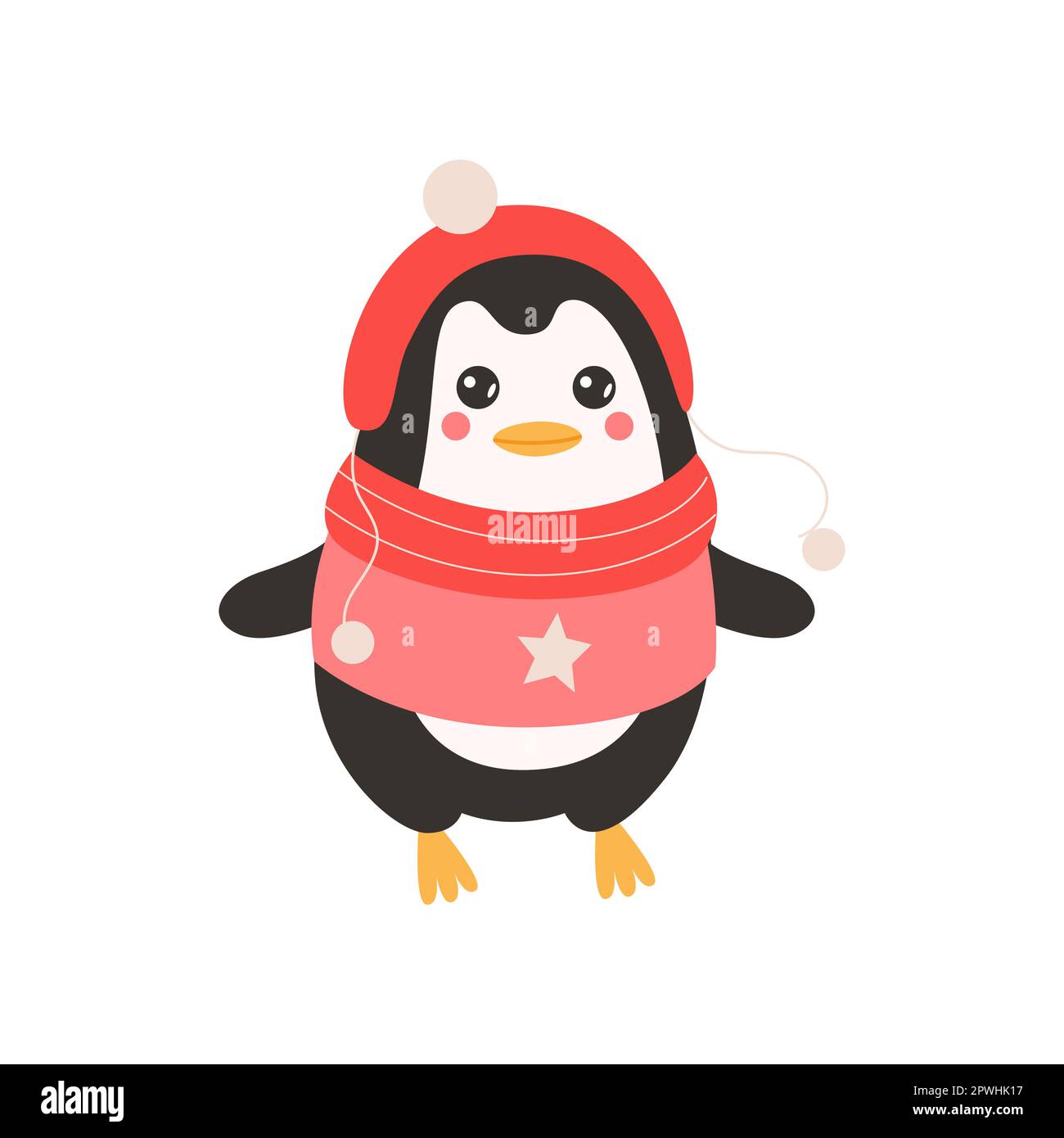 Penguin Cartoon Vector Illustration. Penguin In Hat And Sweater