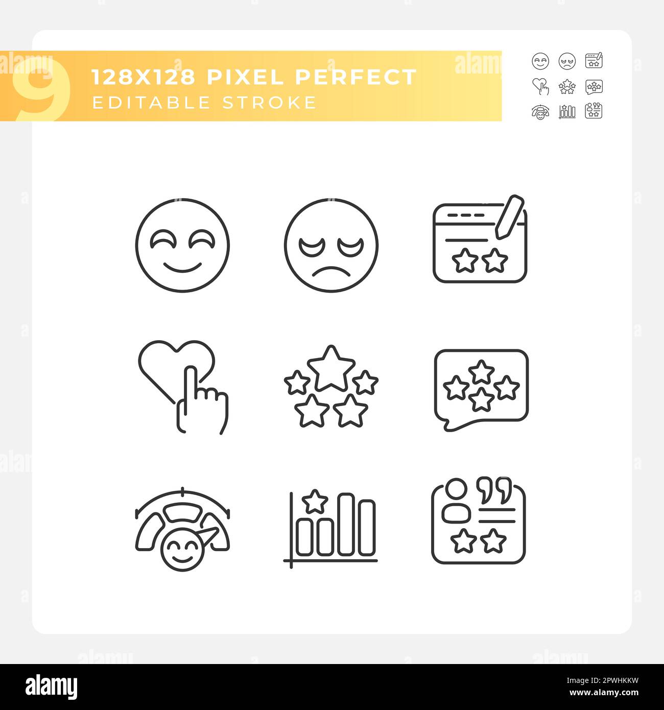 Customer reaction on content pixel perfect linear icons set Stock Vector
