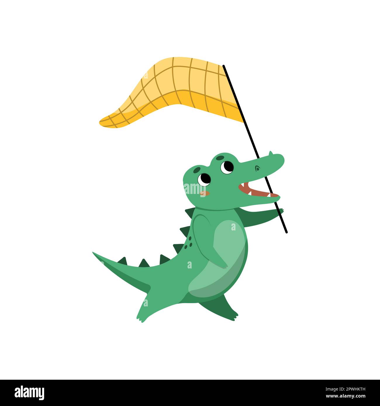 Cute crocodile running with flag cartoon illustration Stock Vector