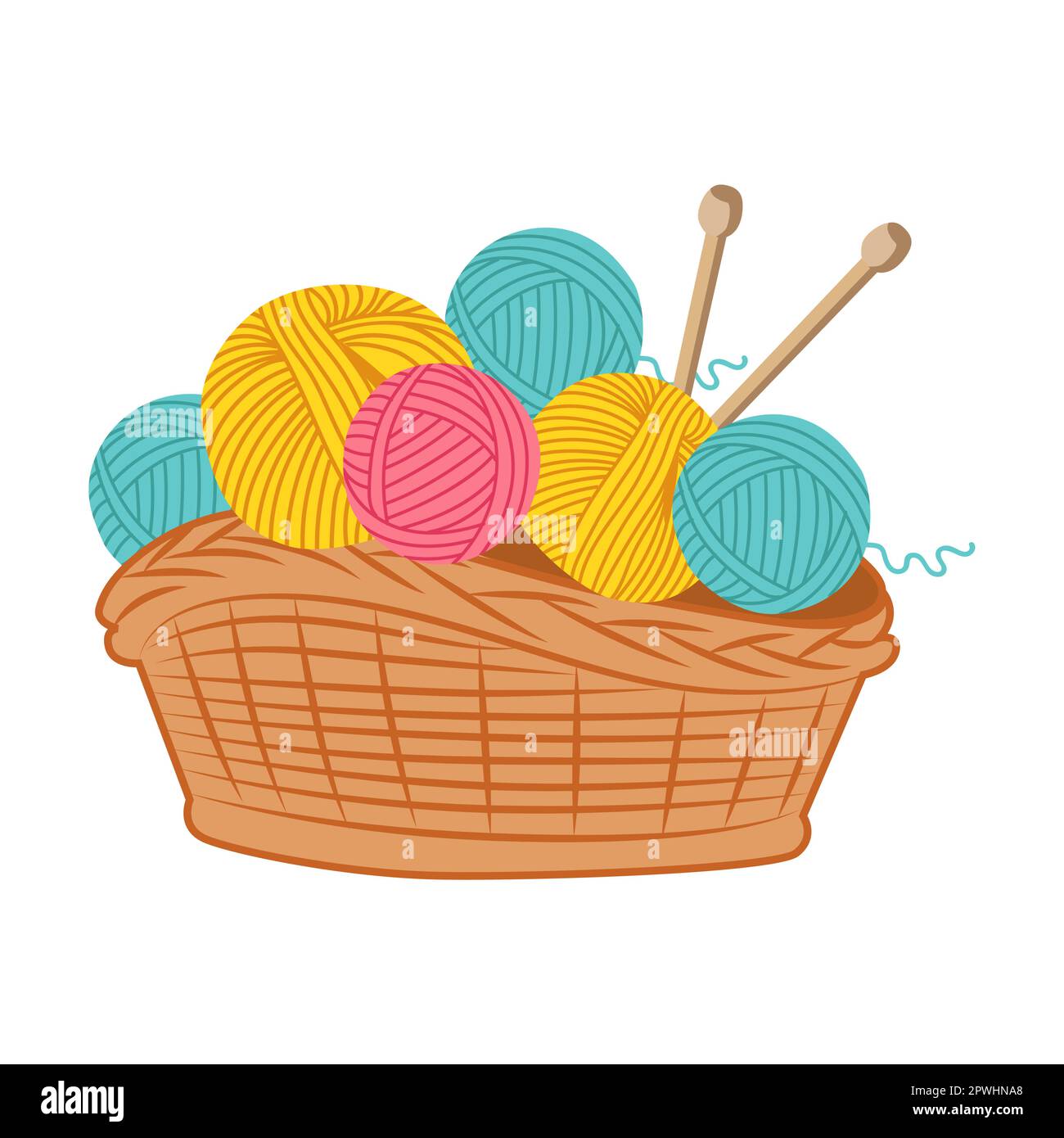 Basket with balls of yarn for knitting. Vector illustration of knitting ...