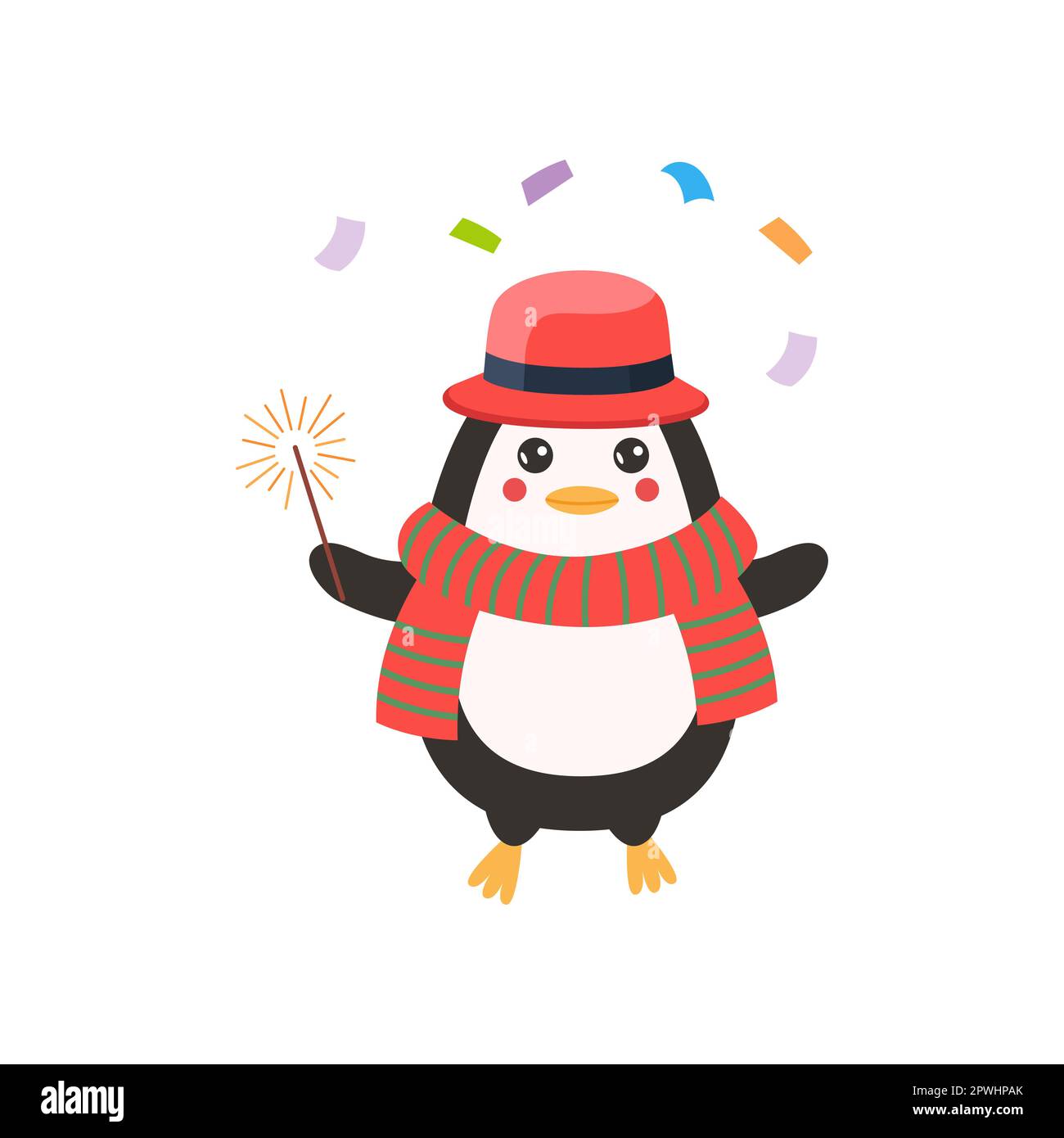 Comic penguin standing with sparkler vector illustration Stock Vector