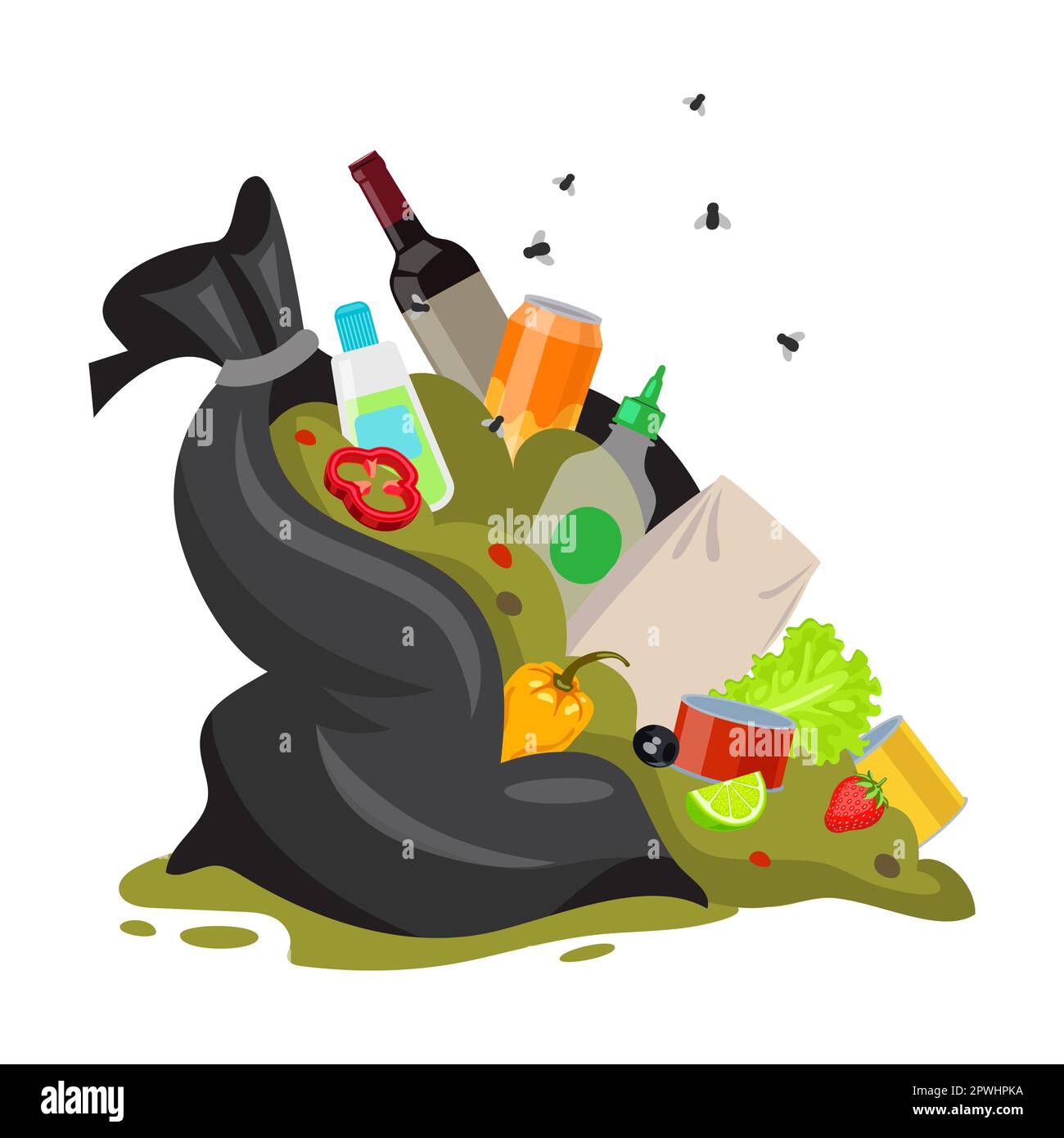 Open trash bag vector illustration. Black sack with food waste, open