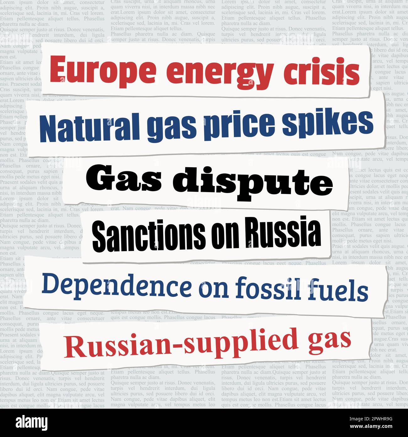 European energy crisis news headlines. Newspaper clippings about natural gas crisis and dependency on fossil fuels. Stock Vector