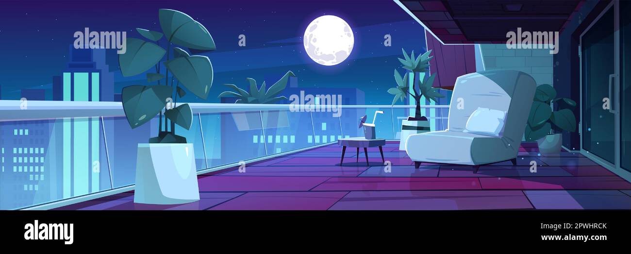 Night terrace interior with armchair and cocktail. Magic sparkle