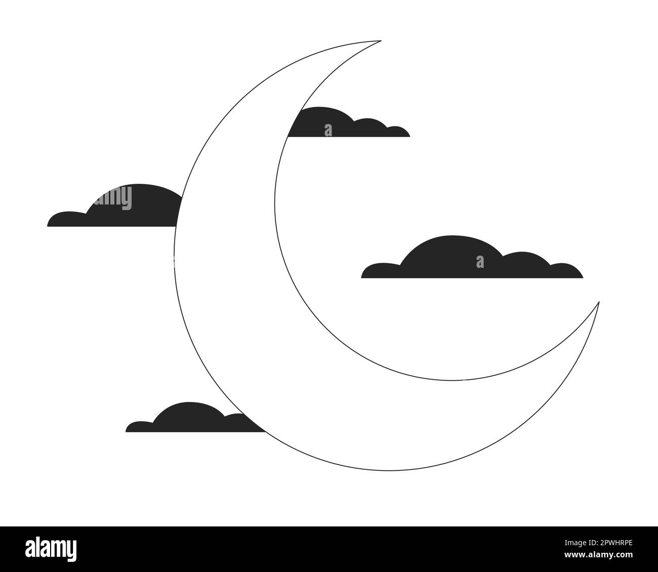 Crescent moon between black clouds flat line black white vector object