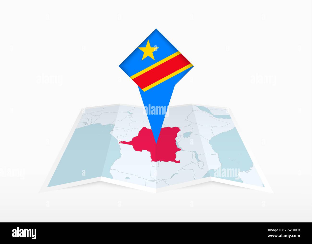 DR Congo is depicted on a folded paper map and pinned location marker with flag of DR Congo. Folded vector map. Stock Vector