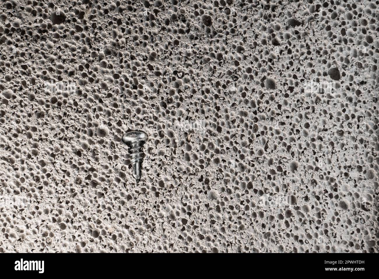 A shiny small selftapping screw is pressed into aerated concrete close