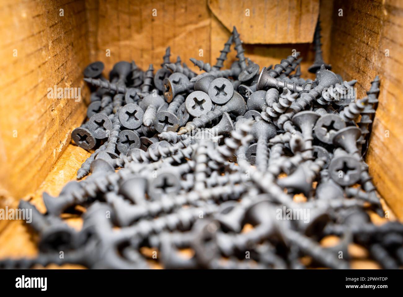 Small black wood screws close-up in a cardboard box Stock Photo