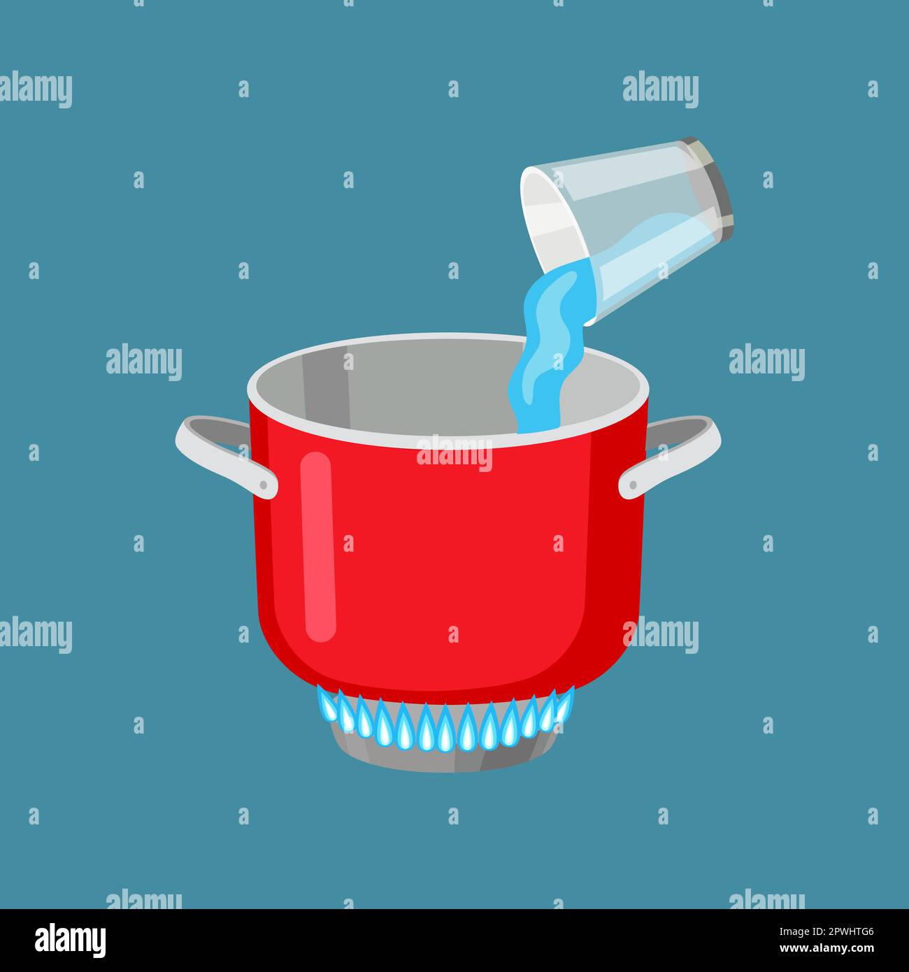 Water pouring in saucepan from glass isolated on blue background Stock Vector