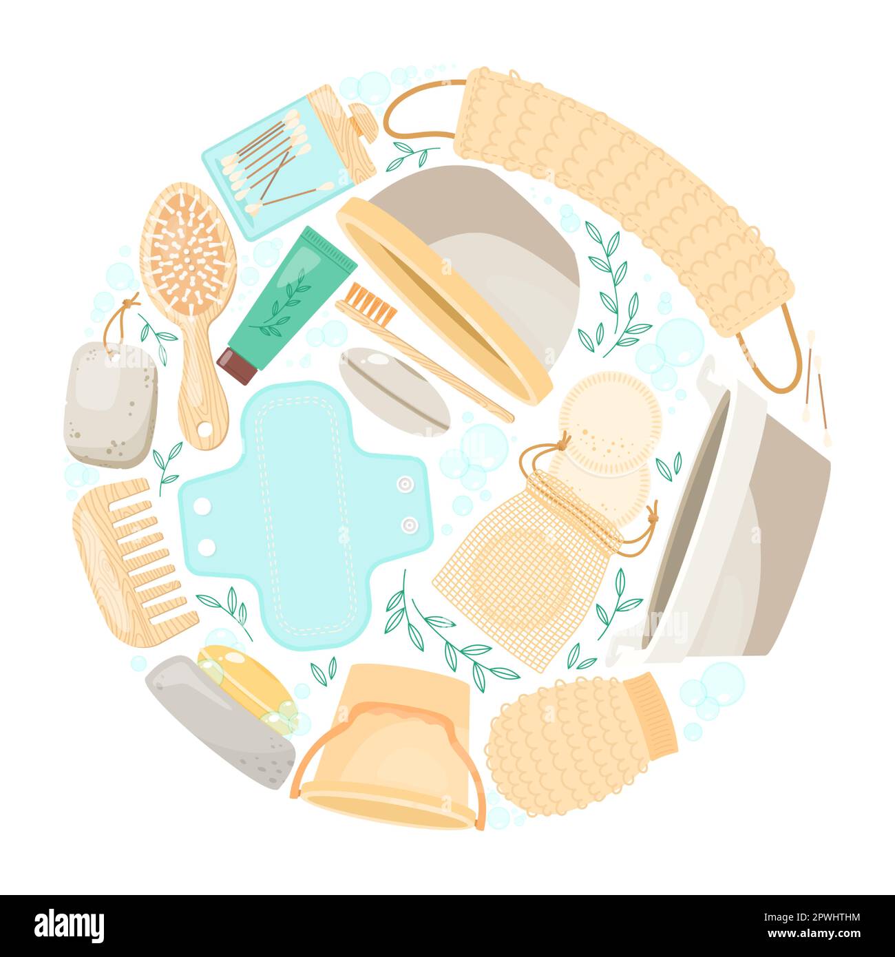 Round pattern with bathroom accessories vector illustrations set Stock Vector