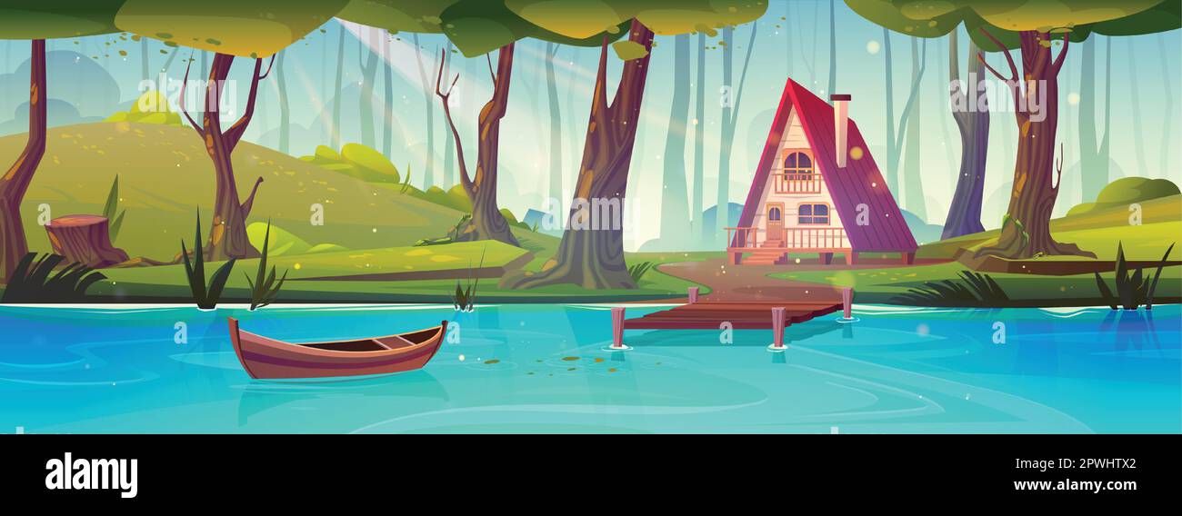 Cartoon cottage in forest near blue lake. Vector illustration of wooden house surrounded by old trees, green hills, boat floating on water surface. Beautiful landscape for summer glamping recreation Stock Vector