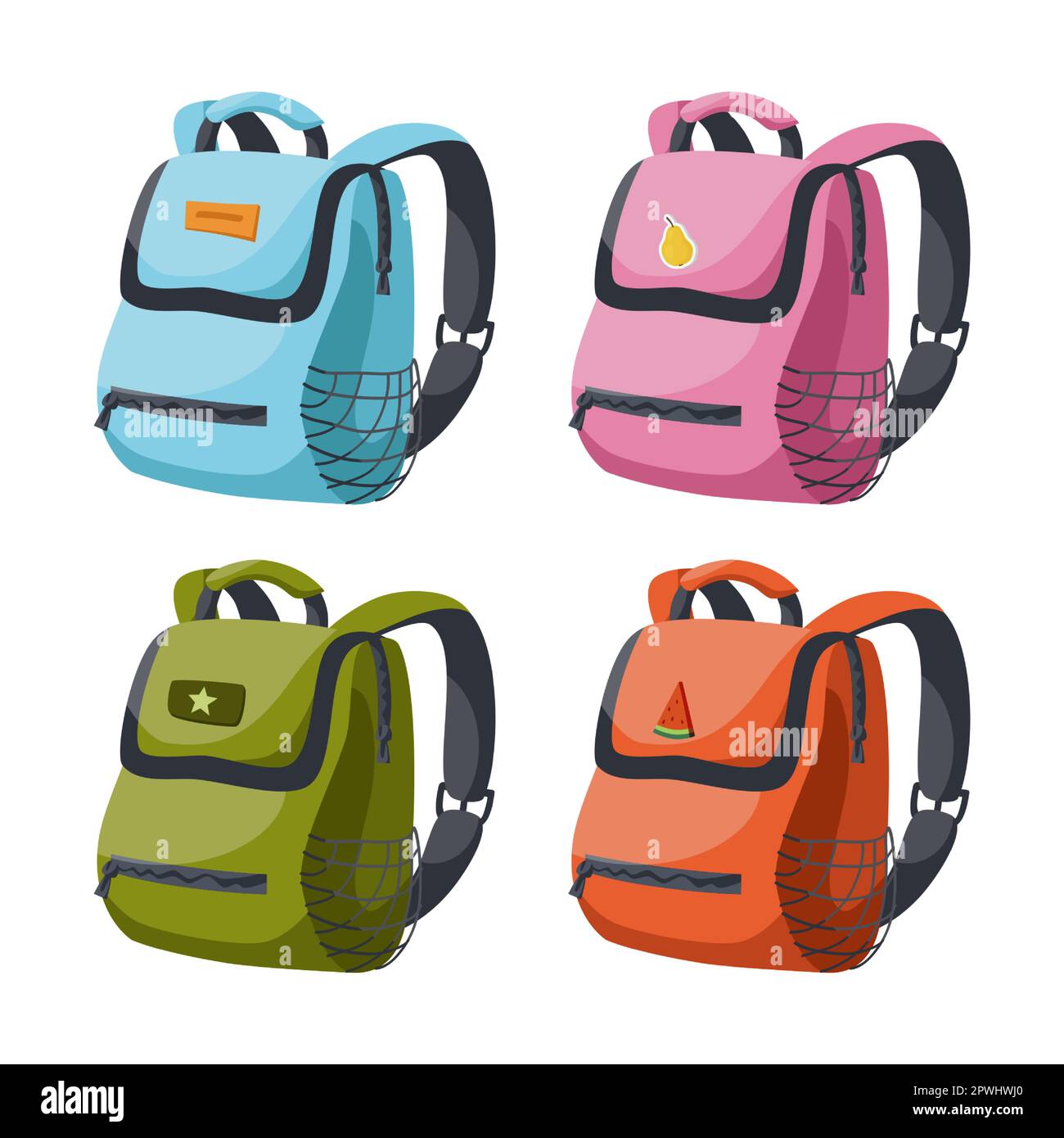 School backpacks of different colors vector illustrations set Stock Vector