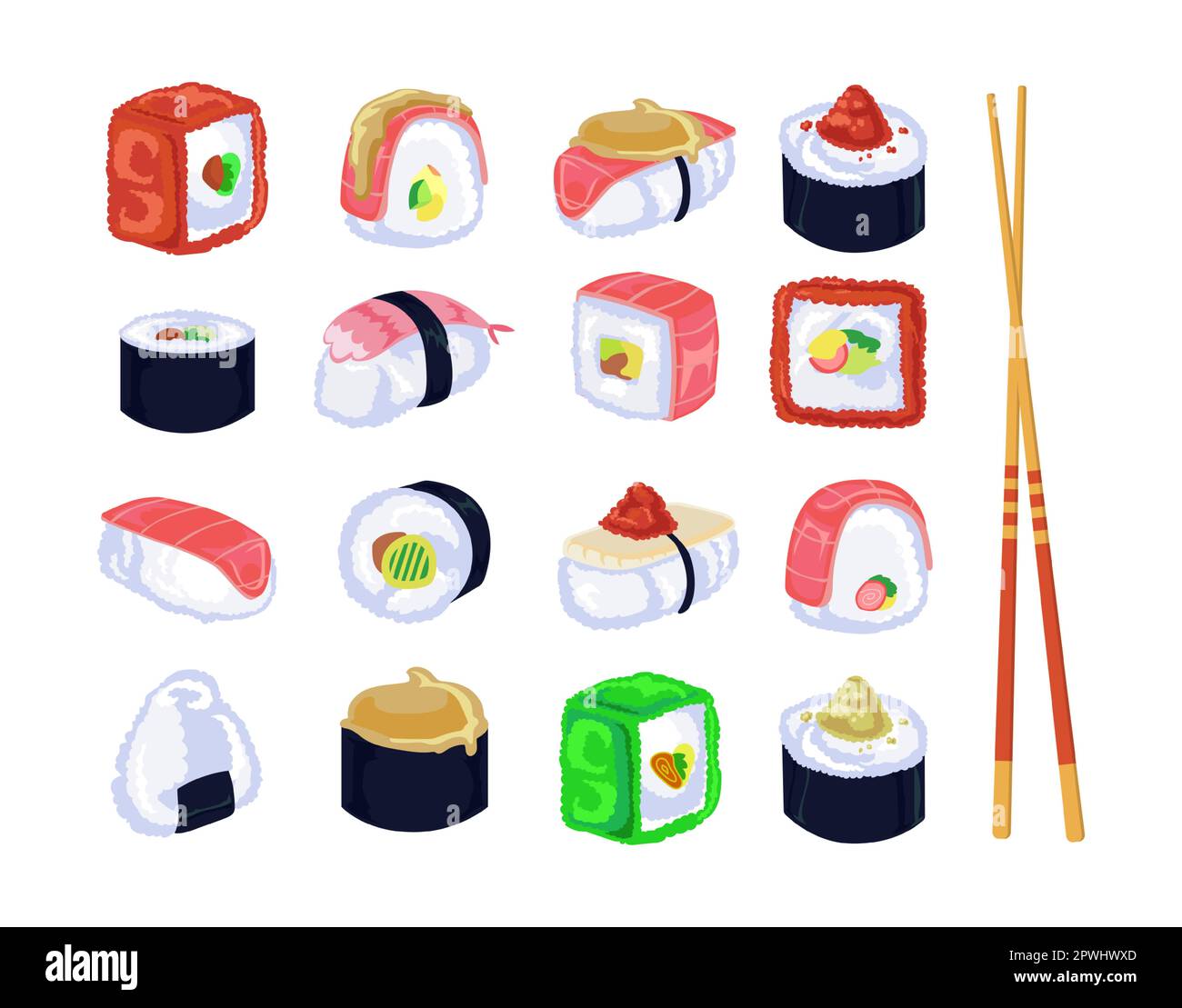 Different sushi rolls and chopsticks vector illustrations set Stock ...