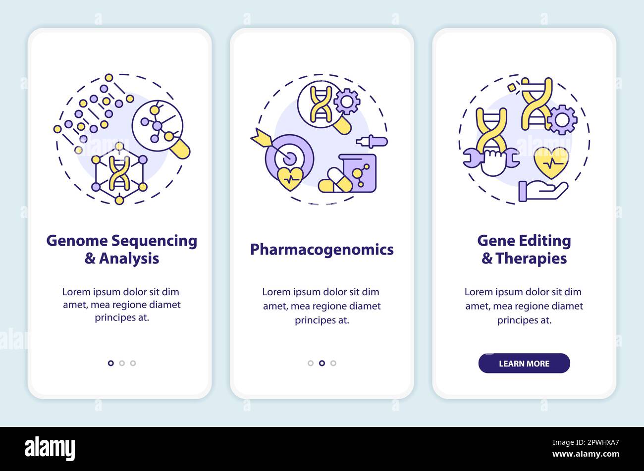 Genomic medicine onboarding mobile app screen Stock Vector