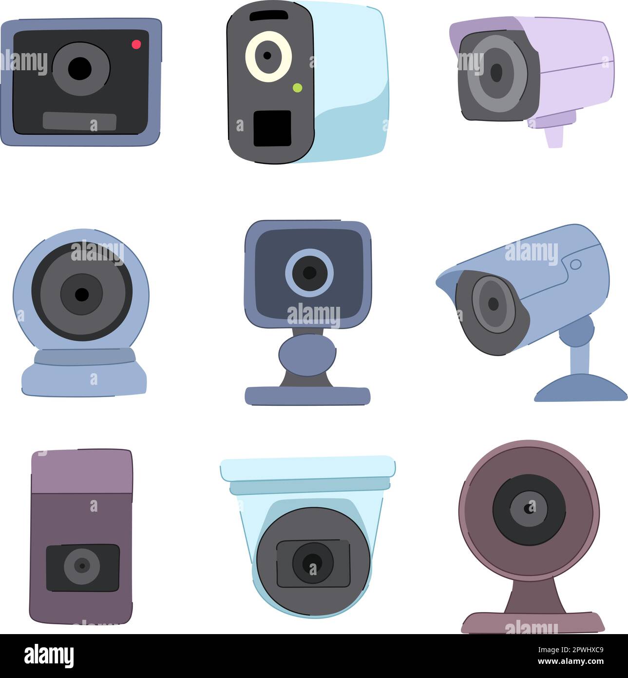 security camera set cartoon. cctv video, safety system, control