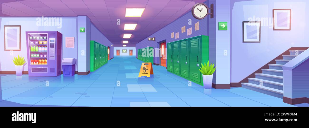 School corridor interior cartoon background. College hallway vector