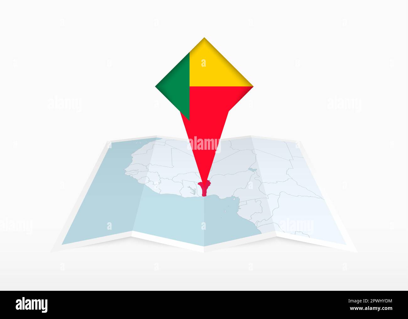 Benin is depicted on a folded paper map and pinned location marker with