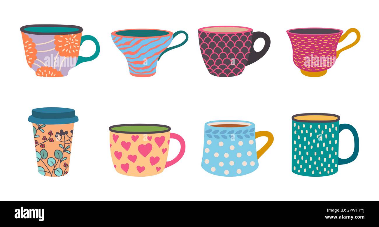 Different cups. Tea cup, scandinavian kitchen coffee mug. Vector mug or cup for tea, cartoon scandinavian ceramic for beverage illustration Stock Vector