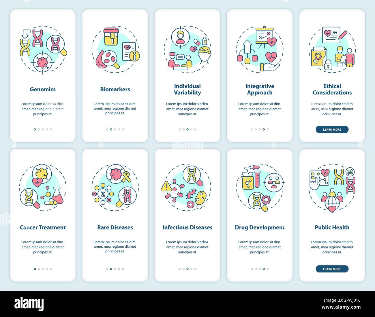 Precision medicine onboarding mobile app screens set Stock Vector