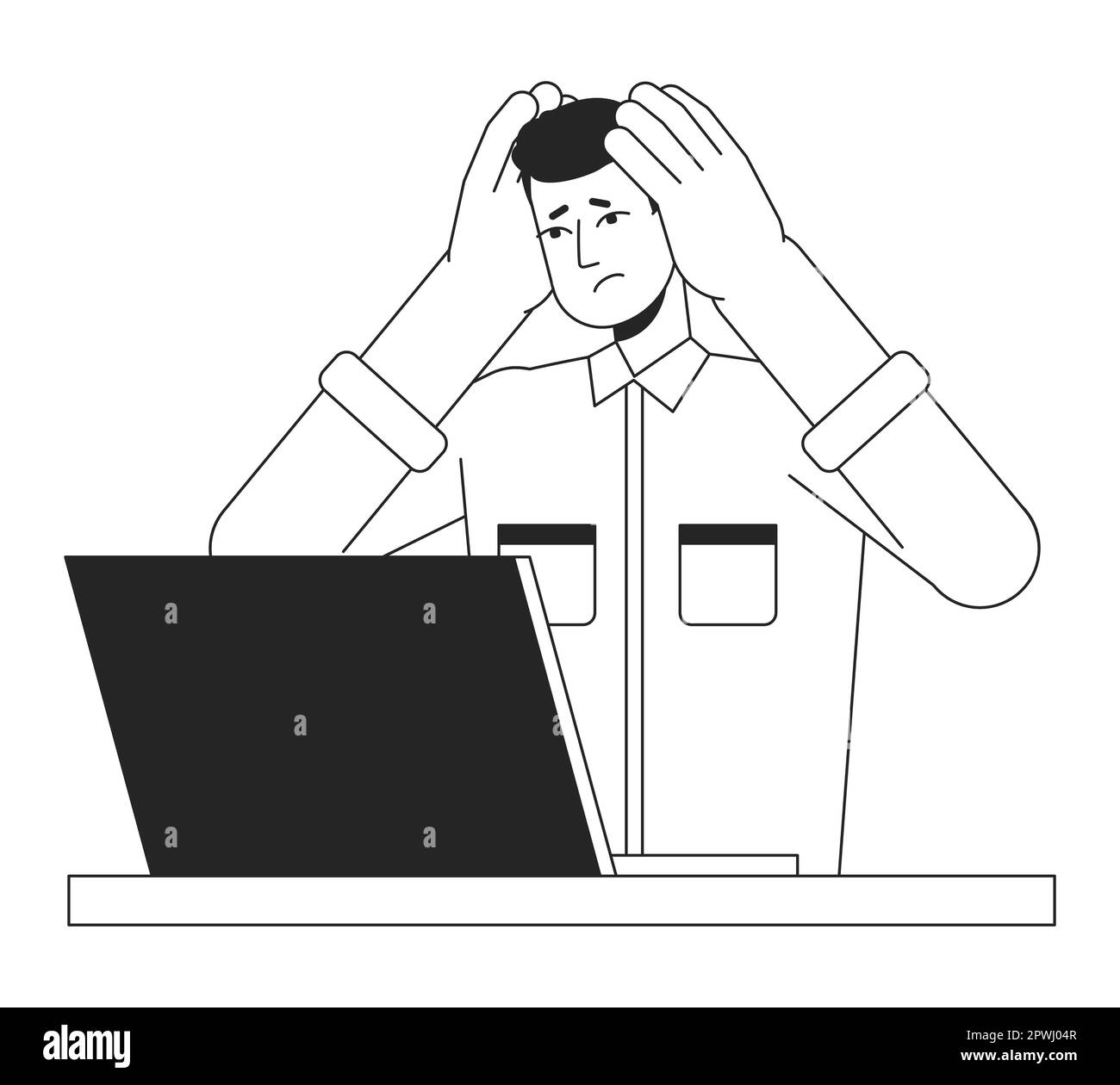 Man holding head with hands and looking in laptop flat line black white
