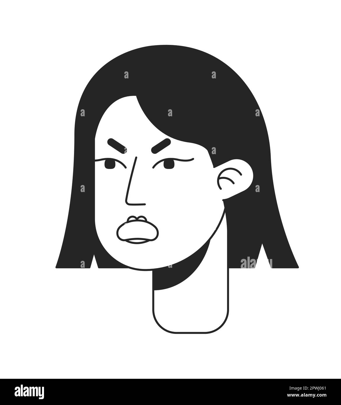 Angry short haired woman frowning eyebrows, screaming flat line monochromatic vector character head Stock Vector